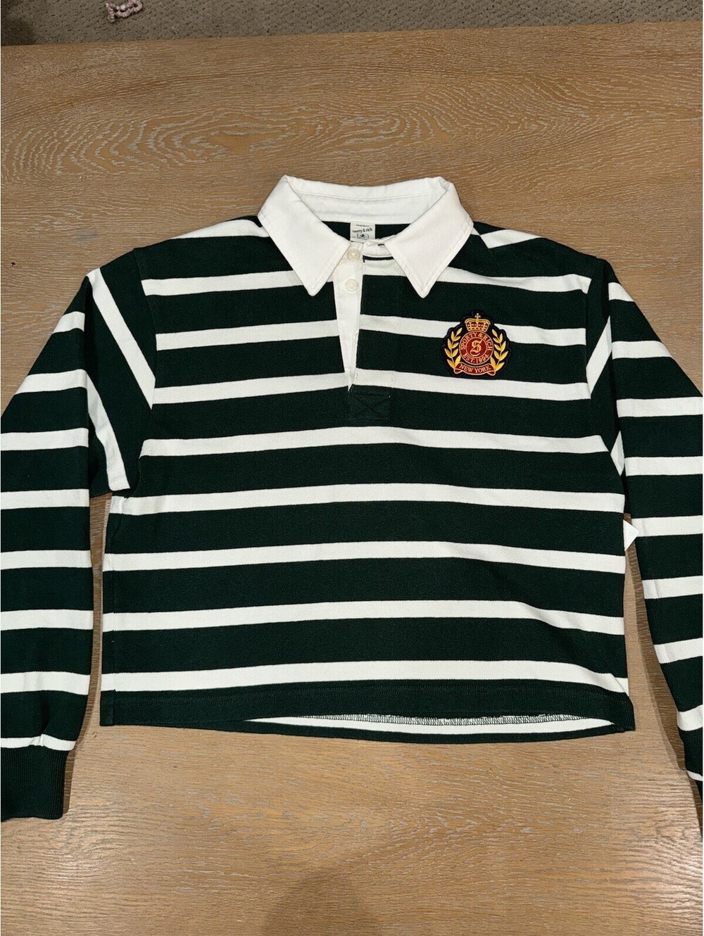Sporty & Rich NY Crest Rugby Polo Womens SIZE XS Green Striped Cropped